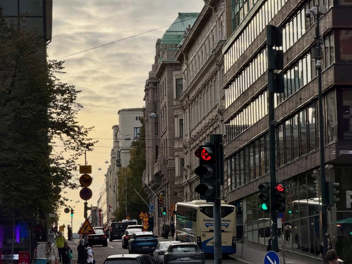 A city street at dusk