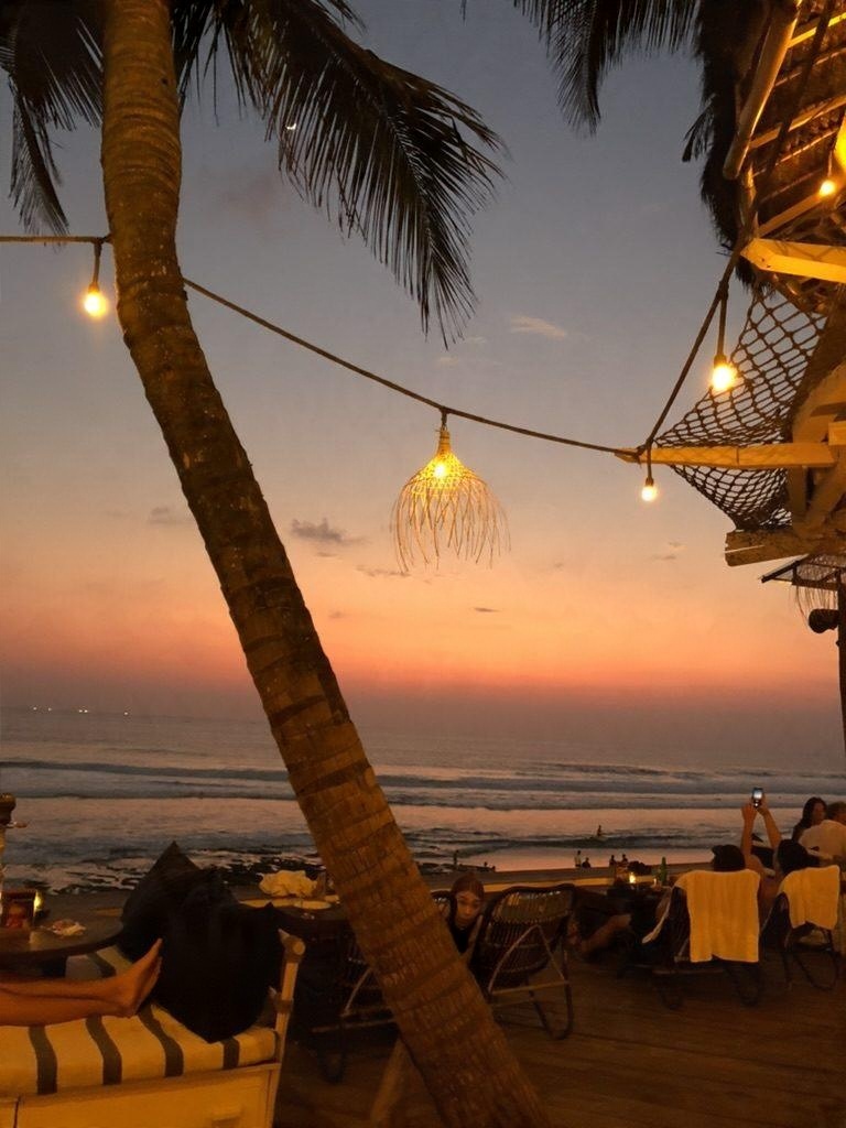 Tables under a palm at sunset by the sea